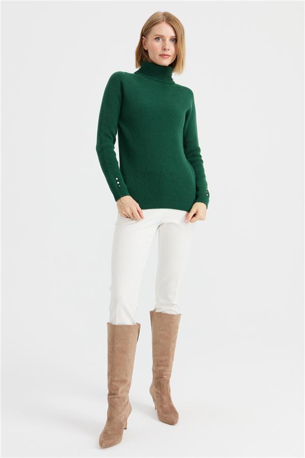 Kadın Tam Balıkçı Yaka Kol Ucu Düğmeli Yün Kazak A.Ö.Başı