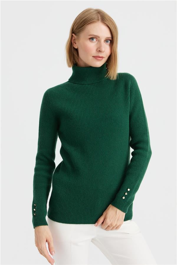 Kadın Tam Balıkçı Yaka Kol Ucu Düğmeli Yün Kazak A.Ö.Başı