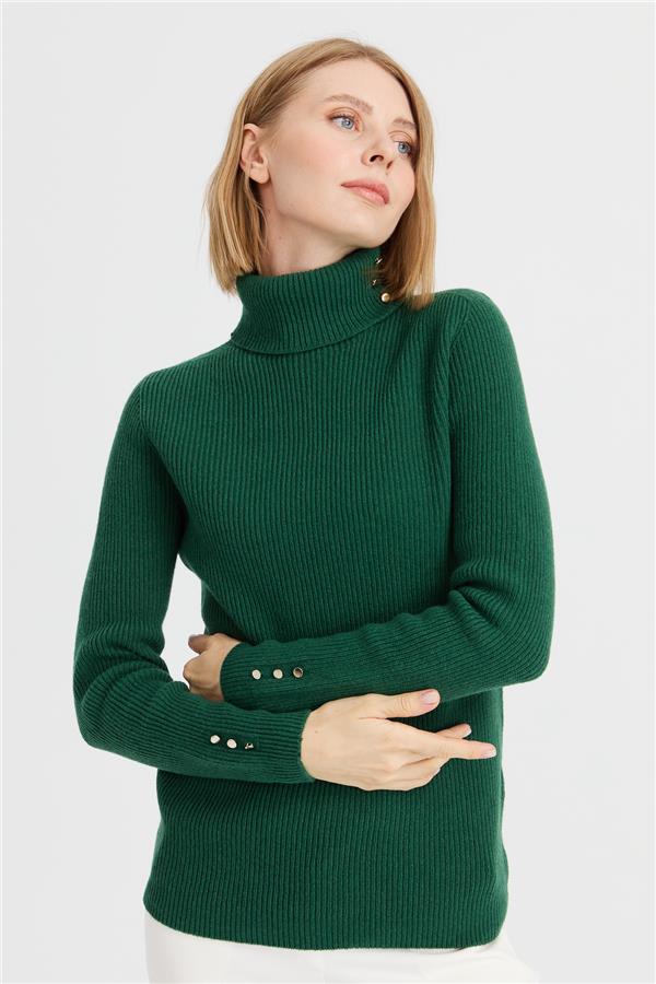 Kadın Tam Balıkçı Yaka Kol Ucu Düğmeli Yün Kazak A.Ö.Başı