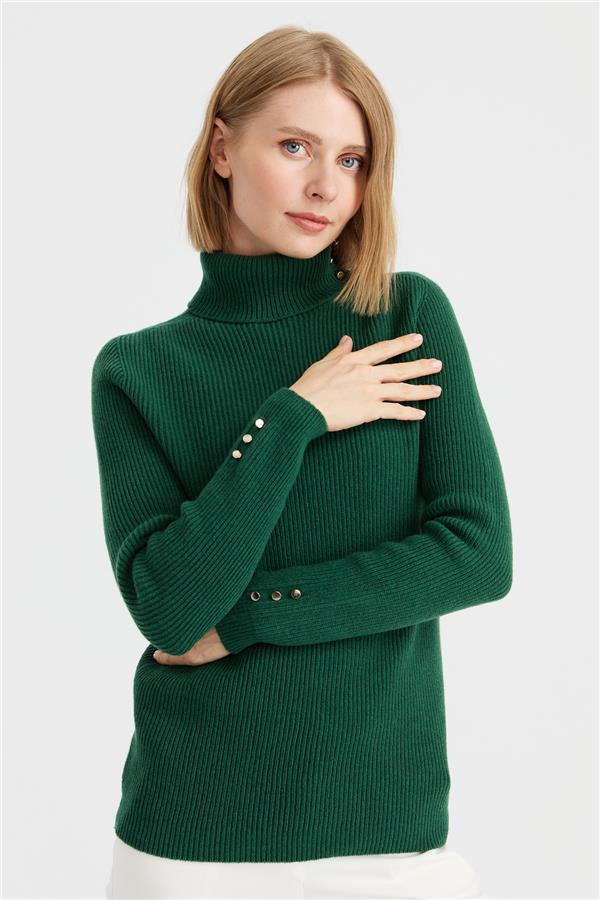 Kadın Tam Balıkçı Yaka Kol Ucu Düğmeli Yün Kazak A.Ö.Başı