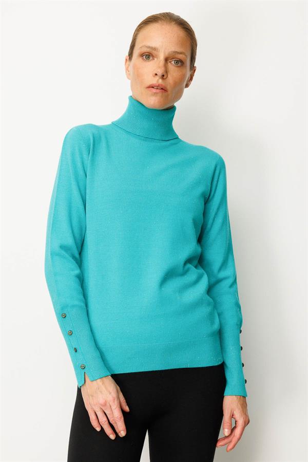 Kadın Tam Balıkçı Yaka Kol Ucu Yırtmaçlı Kazak S.Yeşili