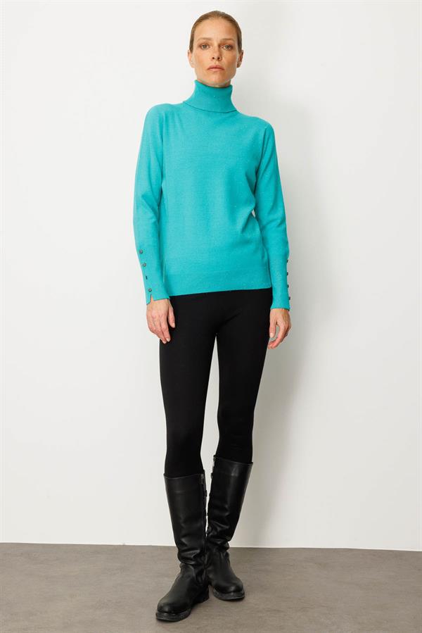 Kadın Tam Balıkçı Yaka Kol Ucu Yırtmaçlı Kazak S.Yeşili