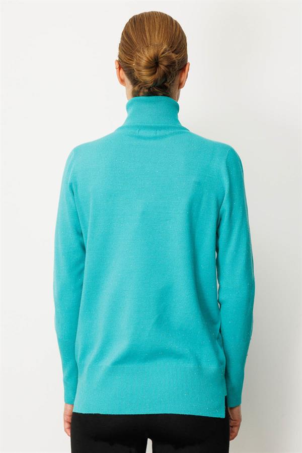 Kadın Tam Balıkçı Yaka Kol Ucu Yırtmaçlı Kazak S.Yeşili