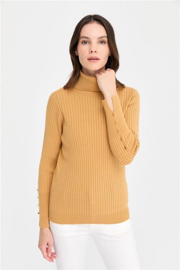 Kadın Tam Balıkçı Yaka Kolları Düğmeli Kazak Camel