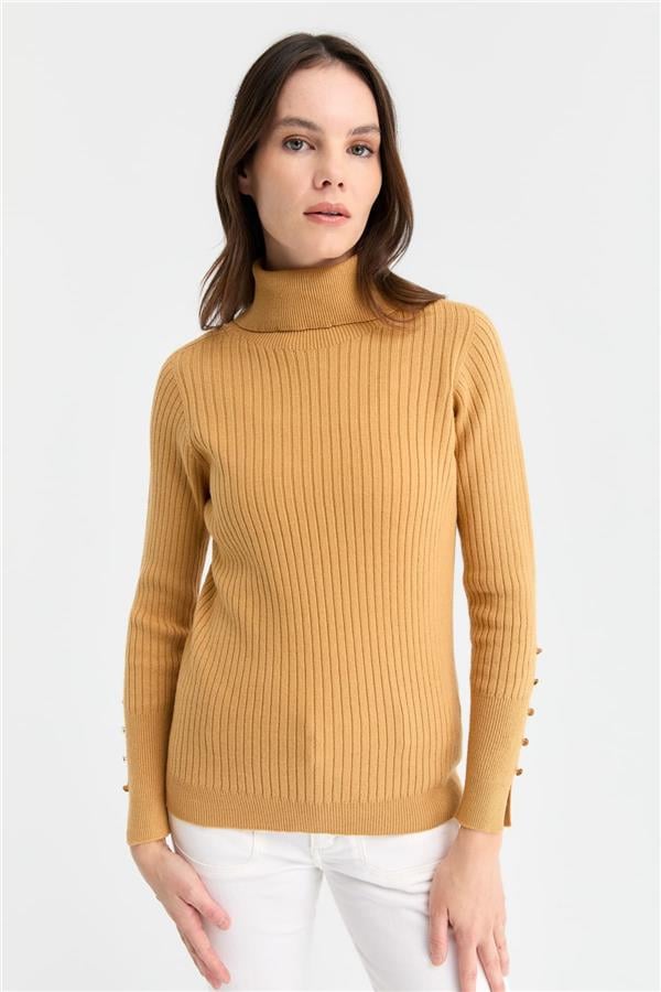 Kadın Tam Balıkçı Yaka Kolları Düğmeli Kazak Camel