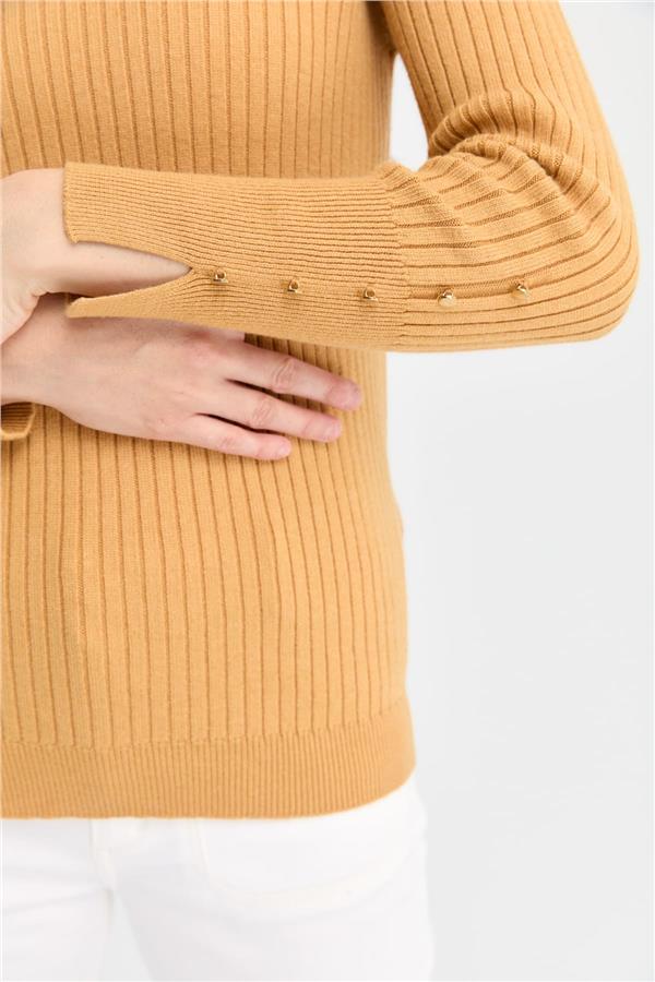 Kadın Tam Balıkçı Yaka Kolları Düğmeli Kazak Camel