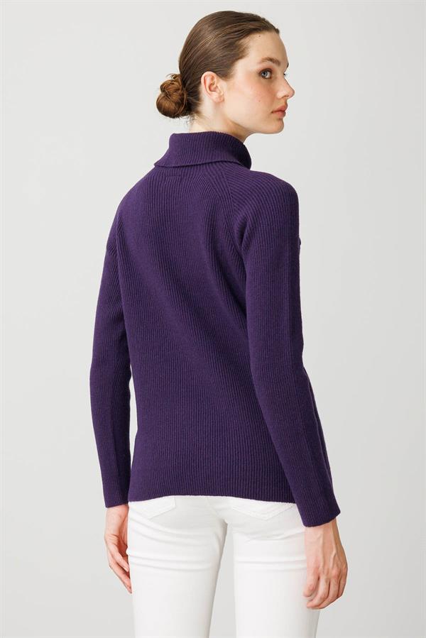 Kadın Tam Balıkçı Yaka Kolu Boncuklu Yün Kazak K.Mor