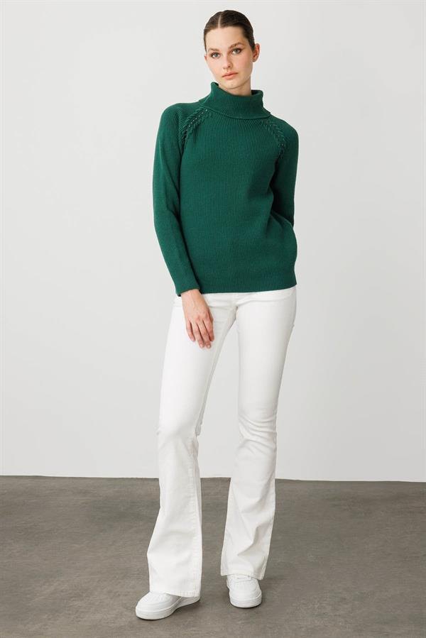 Kadın Tam Balıkçı Yaka Kolu Boncuklu Yün Kazak Ö.Başı