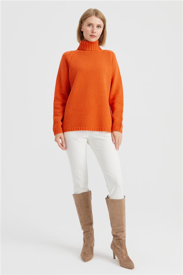 Kadın Tam Balıkçı Yaka Omuzu Saç Örgülü Yün Kazak Portakal