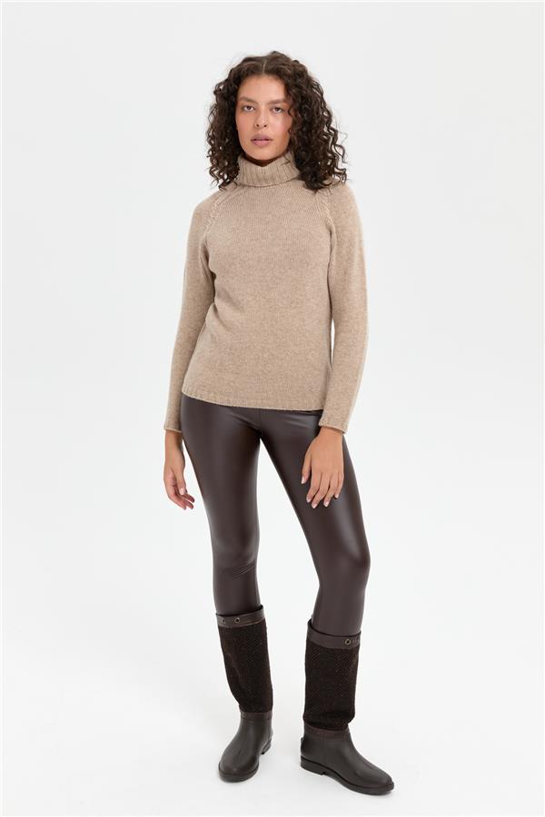 Kadın Tam Balıkçı Yaka Omzu Saç Örgülü Yün Kazak K.Bej