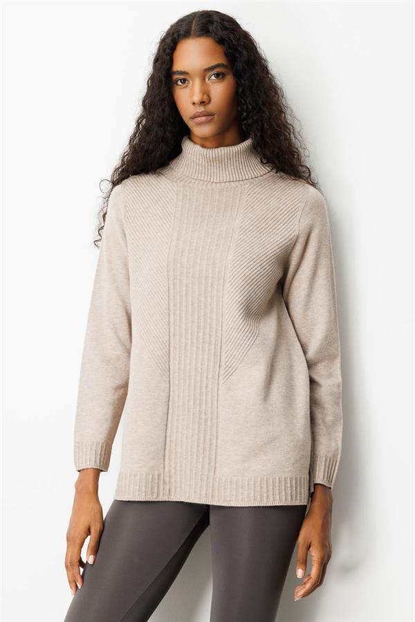 Kadın Tam Balıkçı Yaka Önü Uzun Çizgili Bluz Vizon