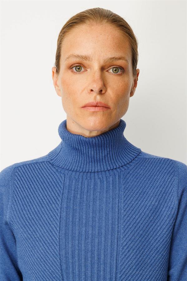 Kadın Tam Balıkçı Yaka Önü Uzun Çizgili Bluz İndigo