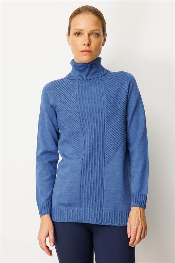 Kadın Tam Balıkçı Yaka Önü Uzun Çizgili Bluz İndigo