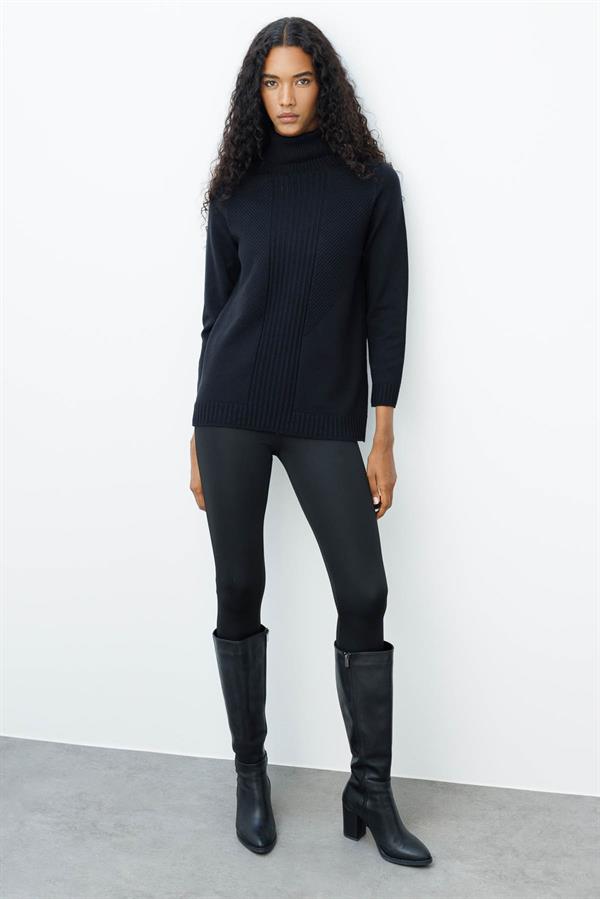 Kadın Tam Balıkçı Yaka Önü Uzun Çizgili Bluz Siyah