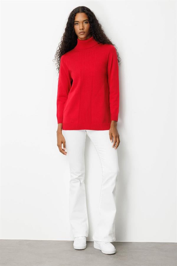 Kadın Tam Balıkçı Yaka Önü Uzun Çizgili Bluz K.Kırmızı