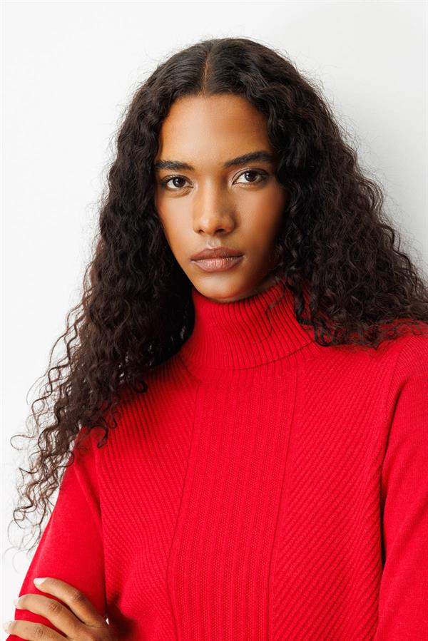 Kadın Tam Balıkçı Yaka Önü Uzun Çizgili Bluz K.Kırmızı