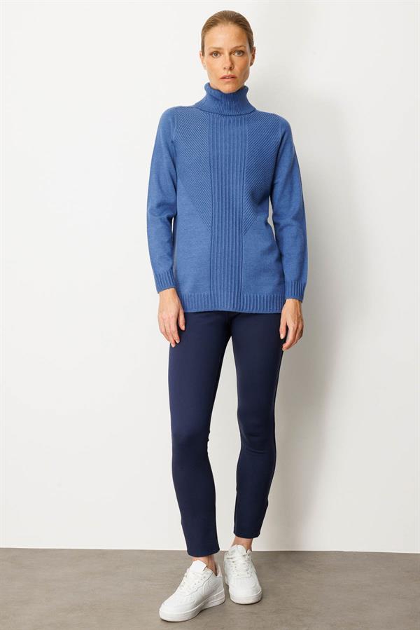 Kadın Tam Balıkçı Yaka Önü Uzun Çizgili Bluz İndigo