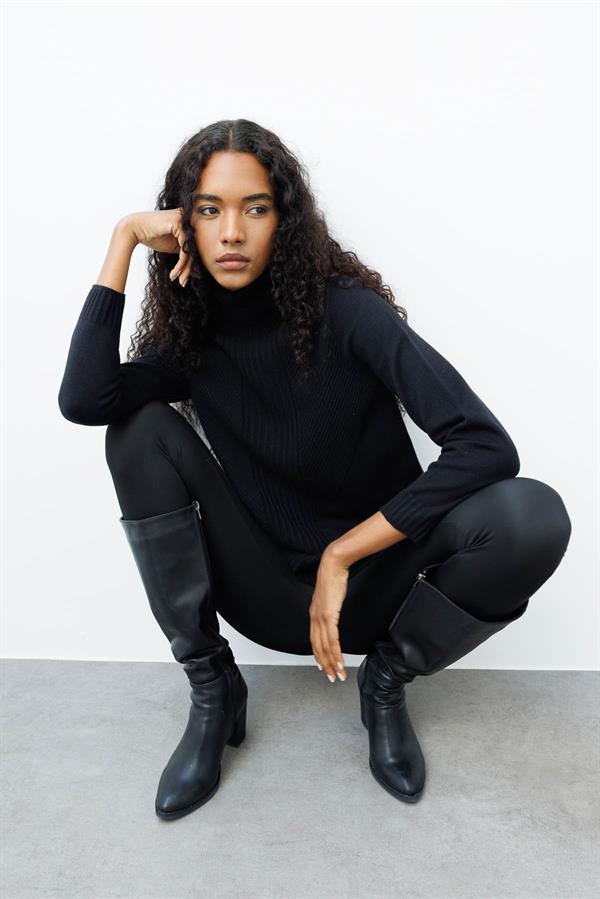 Kadın Tam Balıkçı Yaka Önü Uzun Çizgili Bluz Siyah