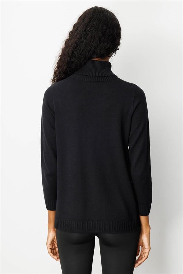 Kadın Tam Balıkçı Yaka Önü Uzun Çizgili Bluz Siyah