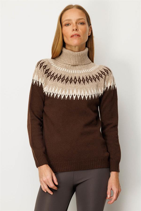 Kadın Tam Balıkçı Yaka Robası Baklavalı Yün Kazak M.Kahve