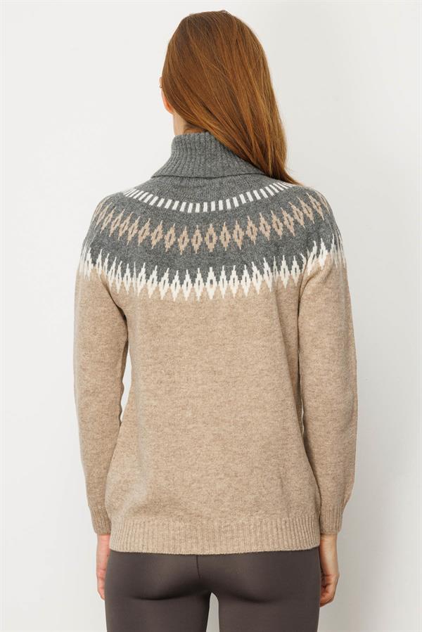 Kadın Tam Balıkçı Yaka Robası Baklavalı Yün Kazak K.Bej