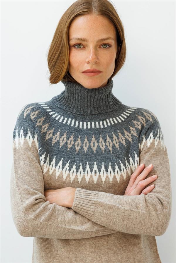 Kadın Tam Balıkçı Yaka Robası Baklavalı Yün Kazak K.Bej