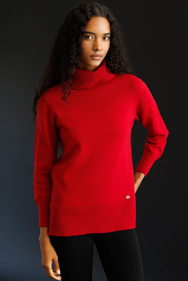 Kadın Tam Balıkçı Yaka Yanı Yırtmaçlı Yün Kazak K.Kırmızı