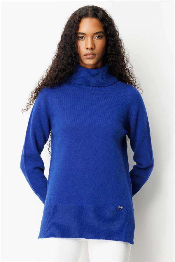 Kadın Tam Balıkçı Yaka Yanı Yırtmaçlı Yün Kazak K.Saks Mavi