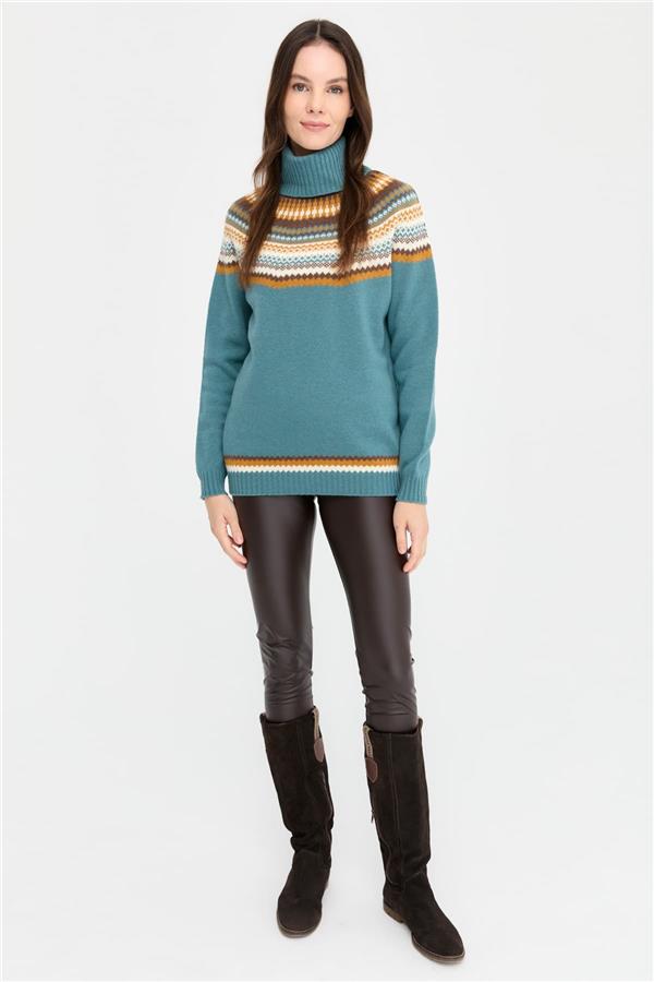 Kadın Tam Balıkçı Yaka Yün Kazak M.Yeşili