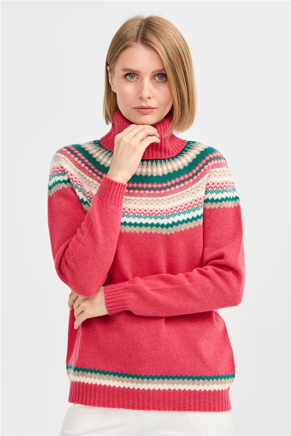 Женская шерстяная водолазка Зеленый сахсрно-розовый