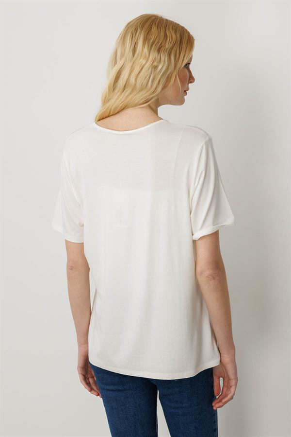 Kadın Taş Baskılı Fermuar Aksesuarlı Penye T-shirt Kemik