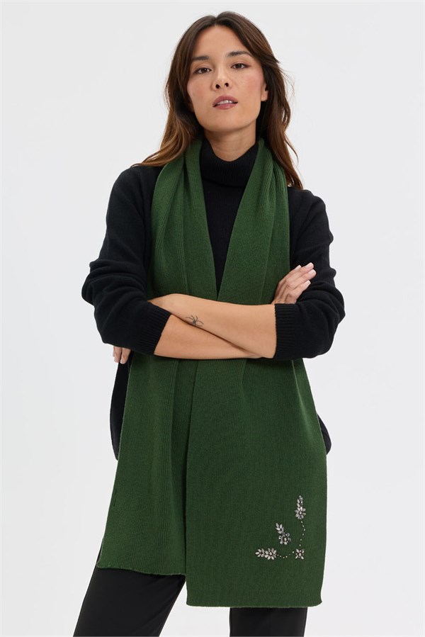 Kadın Taşlı İşlemeli Yün Kaşkol K.Yosun