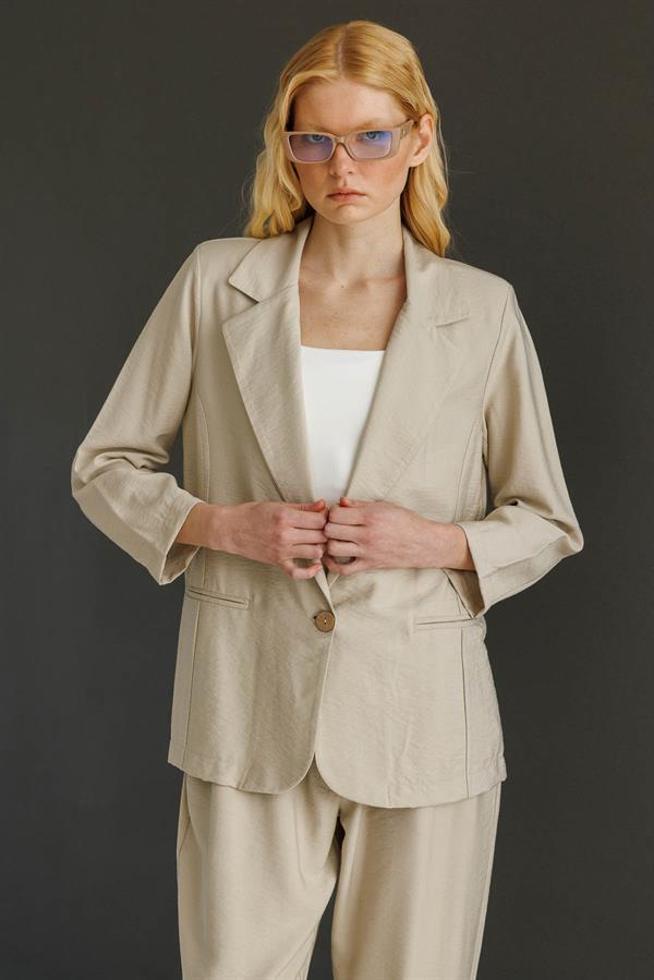 Kadın Tek Düğmeli Keten Ceket Bej