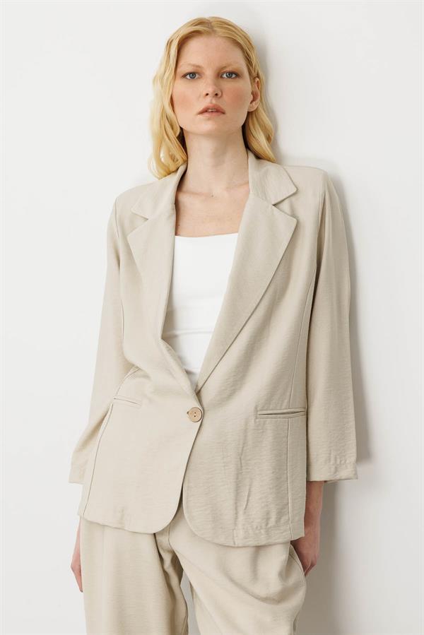 Kadın Tek Düğmeli Keten Ceket Bej