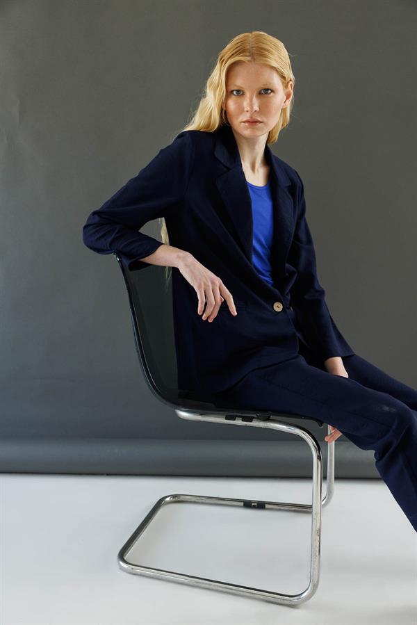 Kadın Tek Düğmeli Keten Ceket Lacivert