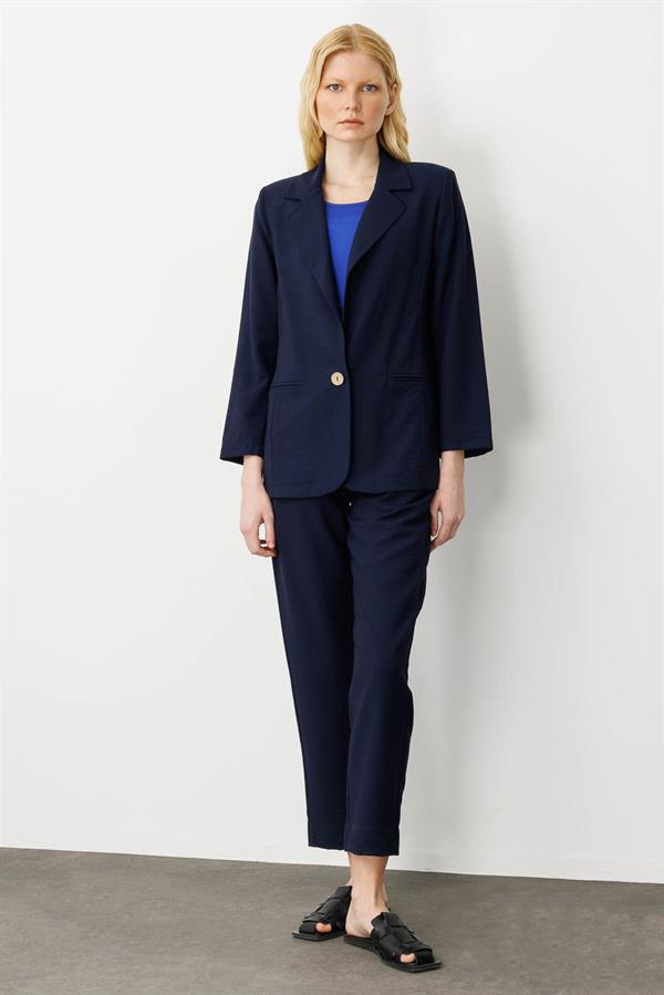 Kadın Tek Düğmeli Keten Ceket Lacivert