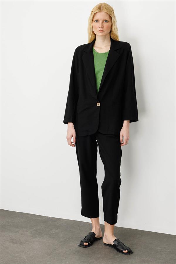 Kadın Tek Düğmeli Keten Ceket Siyah