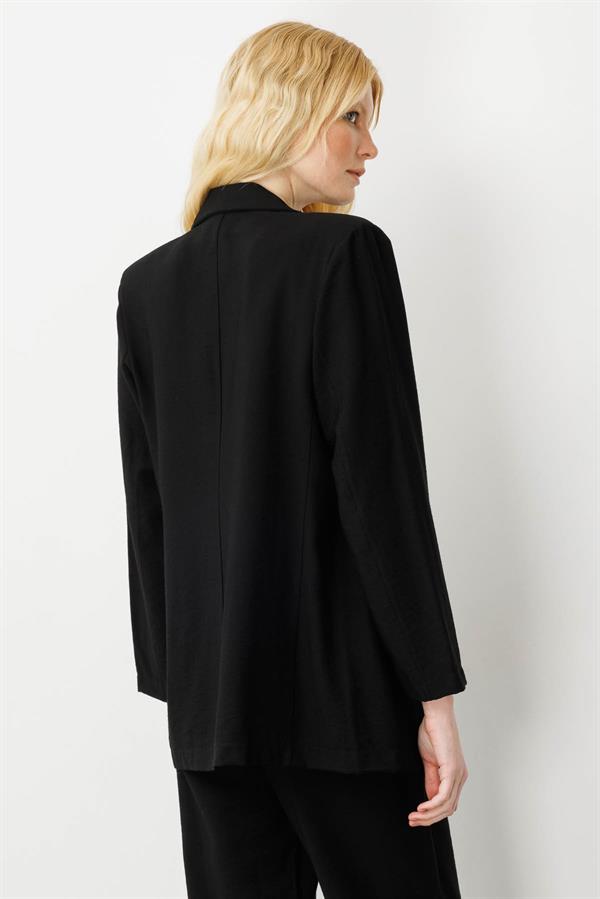 Kadın Tek Düğmeli Keten Ceket Siyah