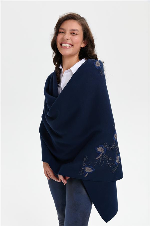 Kadın Tek Yanı Çiçek İşlemeli Şal Lacivert