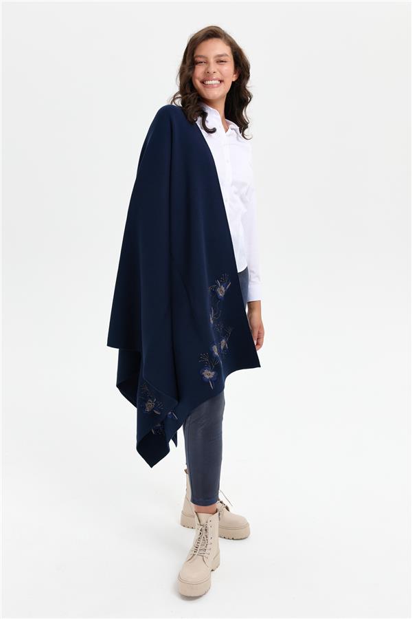 Kadın Tek Yanı Çiçek İşlemeli Şal Lacivert