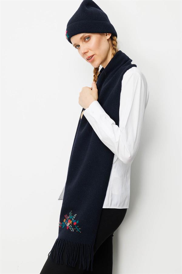 Kadın Tek Yanı Rokoko Nakış İşlemeli Yün Kaşkol K.Lacivert