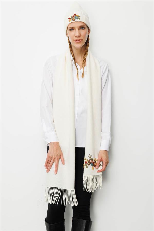 Kadın Tek Yanı Rokoko Nakış İşlemeli Yün Kaşkol Kemik