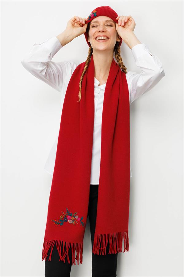 Kadın Tek Yanı Rokoko Nakış İşlemeli Yün Kaşkol K.Kırmızı