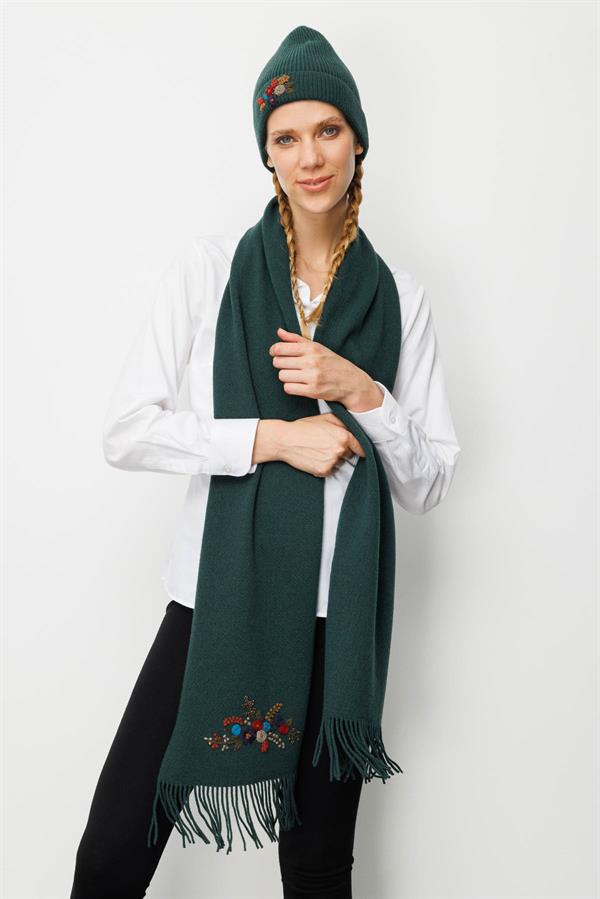 Kadın Tek Yanı Rokoko Nakış İşlemeli Yün Kaşkol Yeşil