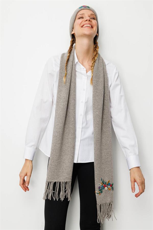 Kadın Tek Yanı Rokoko Nakış İşlemeli Yün Kaşkol Vizon