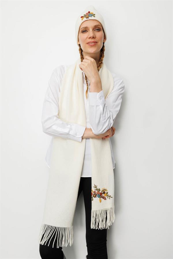 Kadın Tek Yanı Rokoko Nakış İşlemeli Yün Kaşkol Kemik