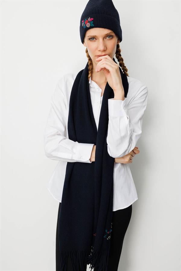 Kadın Tek Yanı Rokoko Nakış İşlemeli Yün Kaşkol K.Lacivert