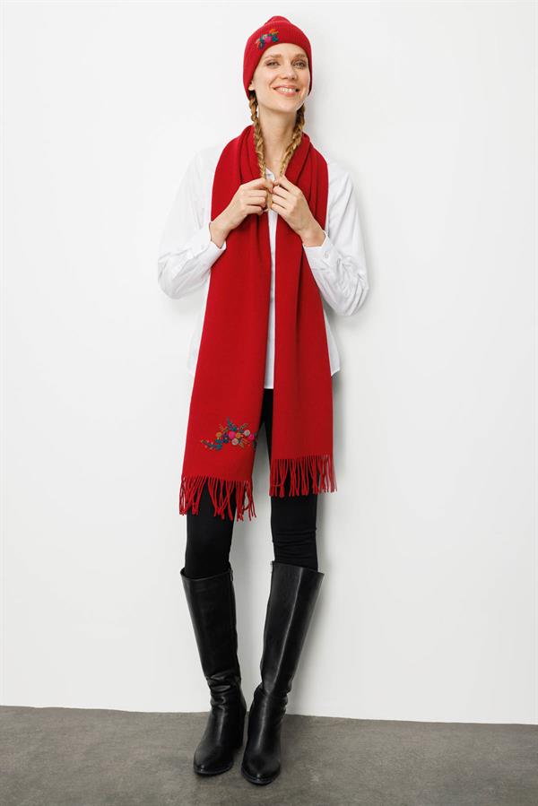 Kadın Tek Yanı Rokoko Nakış İşlemeli Yün Kaşkol K.Kırmızı