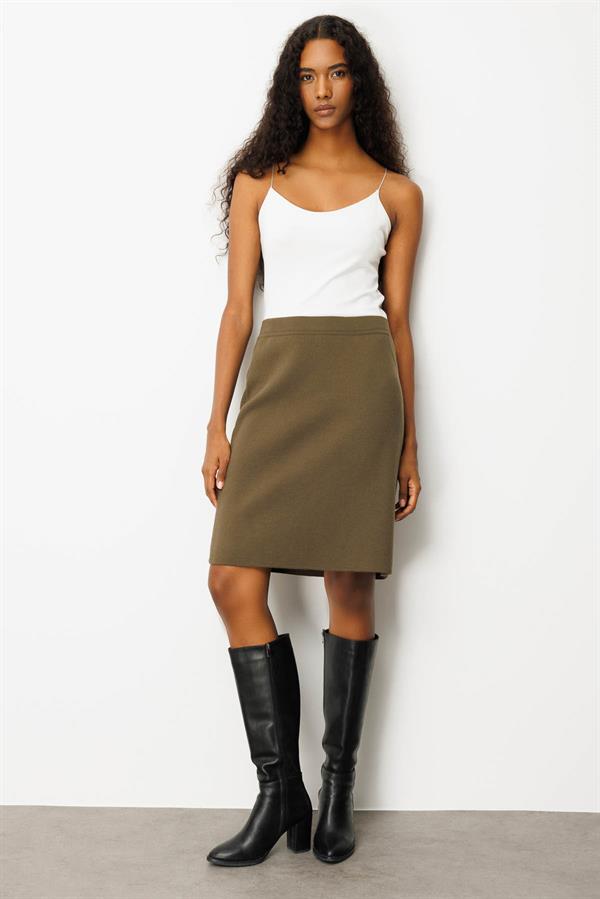 Kadın Triko Düz Basic Etek Haki