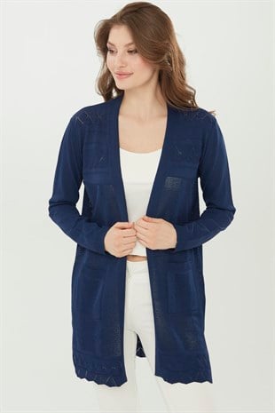 Женский удлиненный трикотажный кардиган темно синего цвета